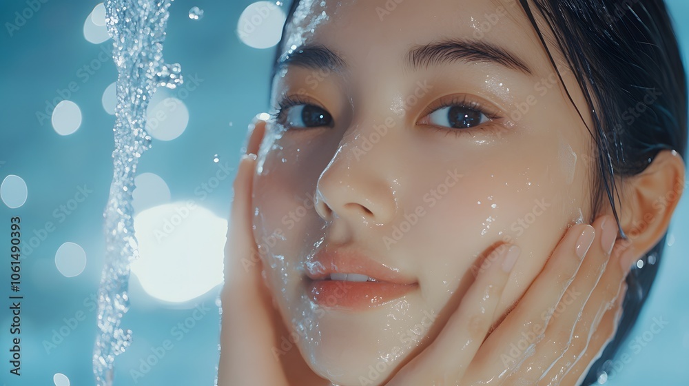 Fashion commercial advertisement. Radiant natural skin asian woman washing her face with water pouring down for facial aesthetic skincare ad Fashion commercial advertisement. Radiant natural skin asian woman washing her face with water pouring down for facial aesthetic skincare ad