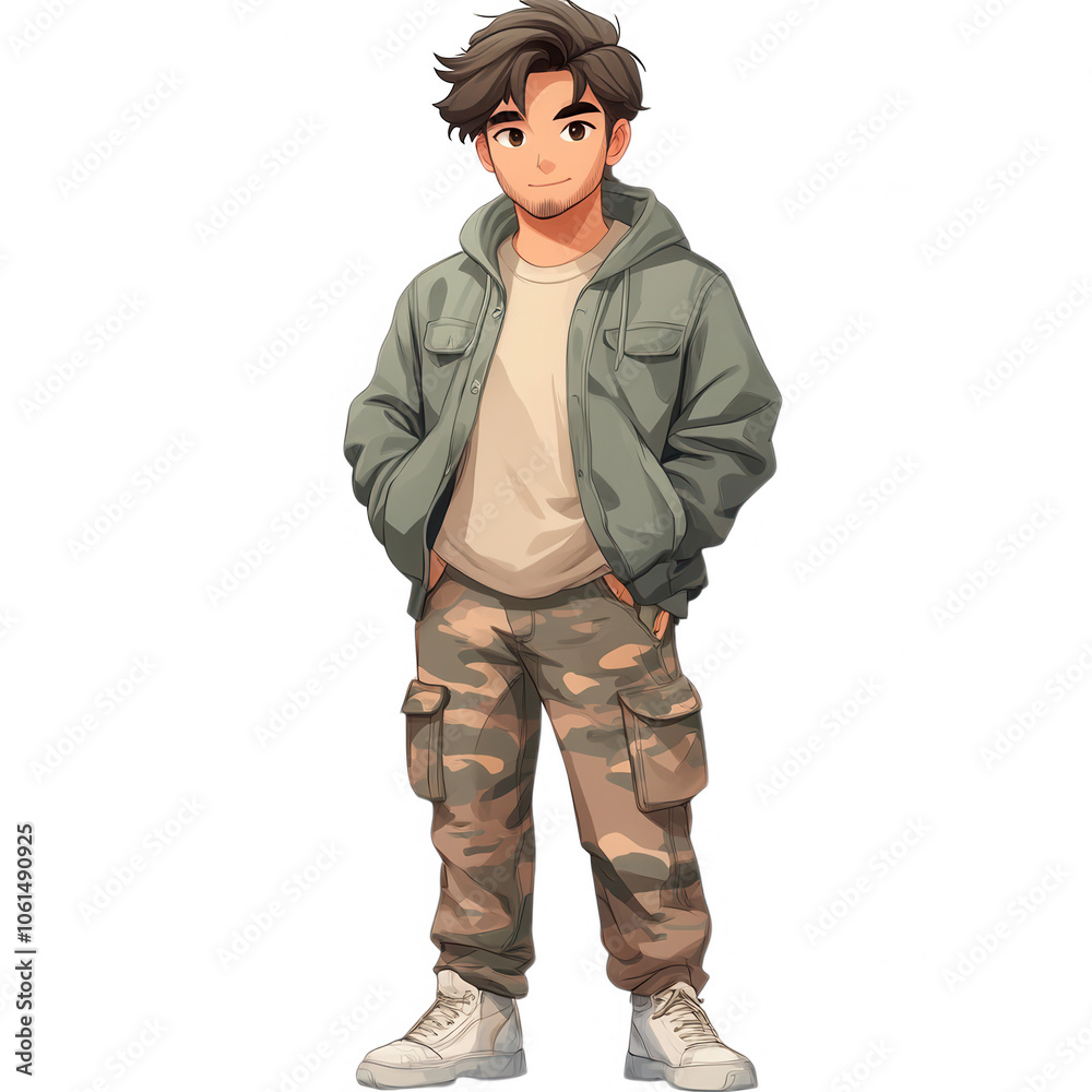 A young boy with brown hair, wearing a green jacket and camouflage pants. He looks ready for adventure, with a confident stance, giving off an outdoorsy vibe.
A young boy with brown hair, wearing a green jacket and camouflage pants. He looks ready for adventure, with a confident stance, giving off an outdoorsy vibe.