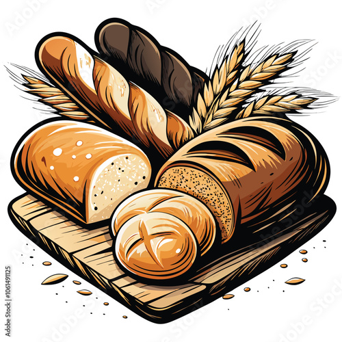 Detailed vector illustration of a variety of freshly baked breads, including baguettes, sourdough loaves, and artisan rolls, with a focus on texture and detail.