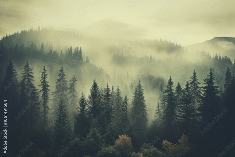 Photo of misty landscape with fir forest in vintage retro style outdoors scenery nature.