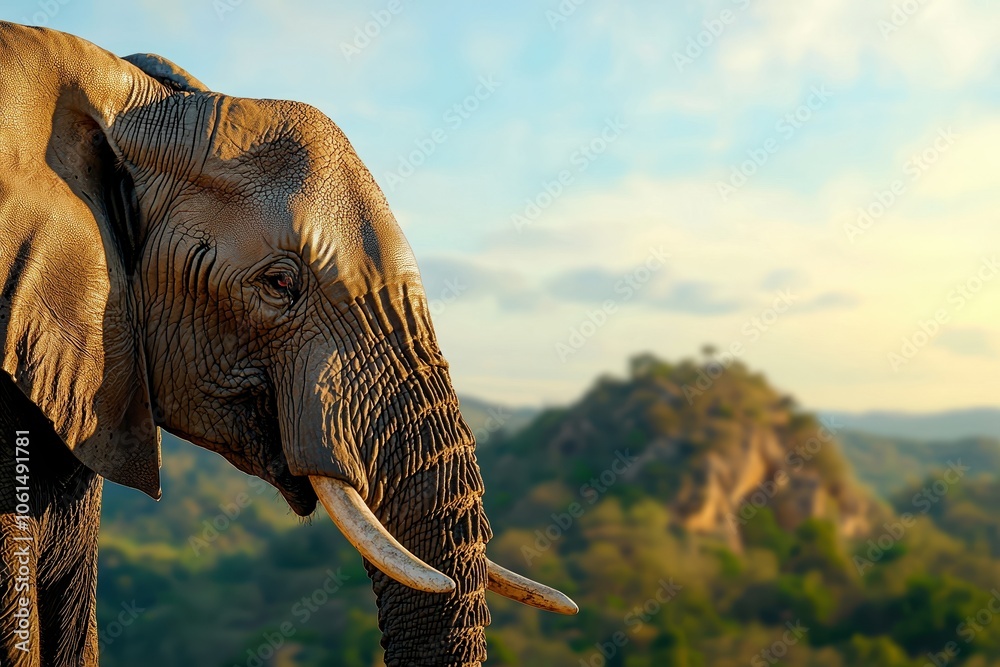 Fototapeta premium Majestic elephant portrait against a scenic landscape backdrop, showcasing its grandeur and natural beauty.