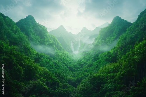 Lush green valley with waterfalls and mist, surrounded by towering mountains under a cloudy sky.