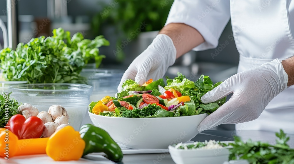 Fresh Salad Preparation with Gloves in a Kitchen Setting