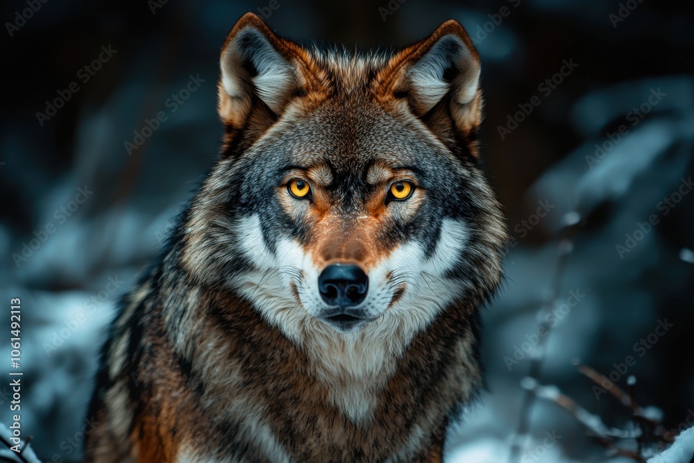 A close-up of a wolf with striking golden eyes, set against a snowy background, highlighting its fierce beauty and wild nature. A close-up of a wolf with striking golden eyes, set against a snowy background, highlighting its fierce beauty and wild nature.