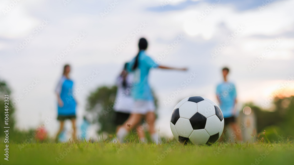Fototapeta premium Young Kids Enjoying Soccer Ball Game on Green Field. Football on Grass with Children Playing in the Background, Outdoor Sports Concept.
