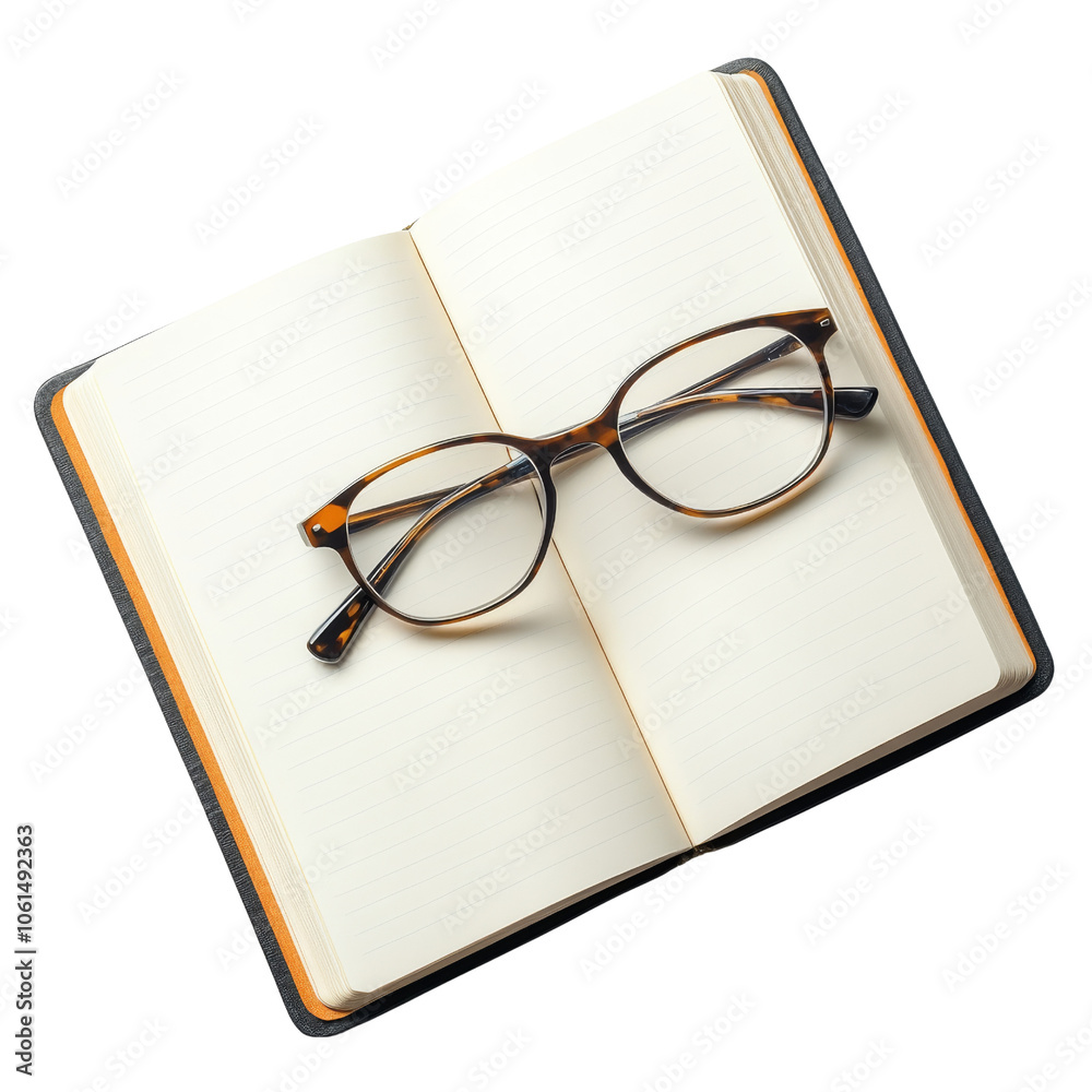 Open notebook with glasses resting on pages, on transparent background. Open notebook with glasses resting on pages, on transparent background.