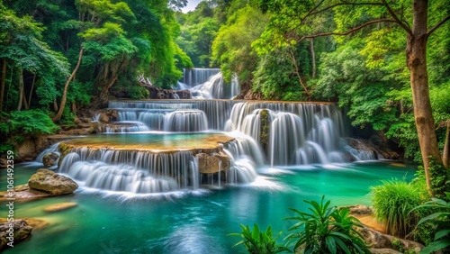 Stunning AI Generated Huay Mae Kamin Waterfall in Kanchanaburi, Thailand - Nature, Travel, Scenic Views, and Crystal Clear Waters