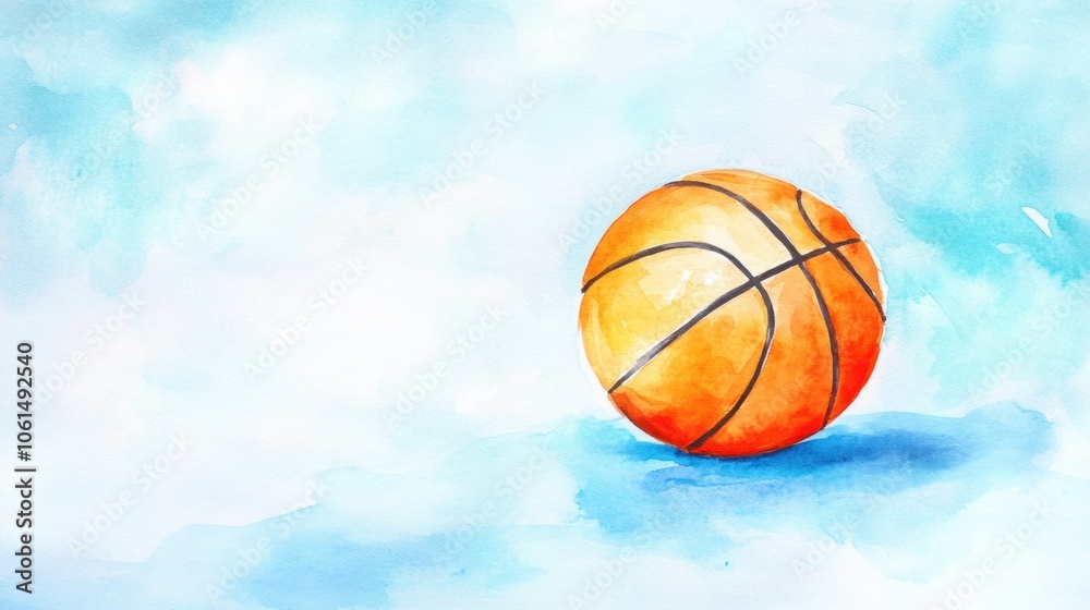 Vibrant Watercolor Basketball on Blue Background Vibrant Watercolor Basketball on Blue Background