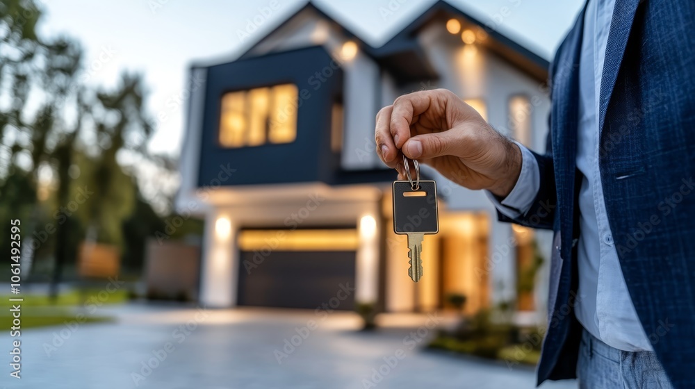 Man holds house key, symbol of homeownership, new beginnings, and joy of property ownership Man holds house key, symbol of homeownership, new beginnings, and joy of property ownership
