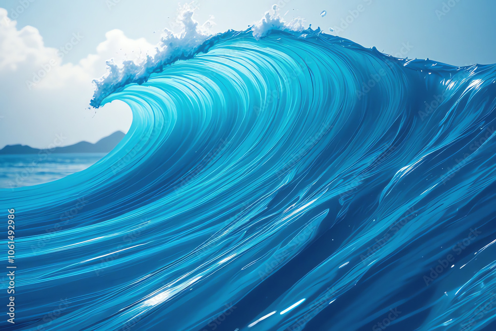 Powerful ocean wave with white foam against blue sky Powerful ocean wave with white foam against blue sky