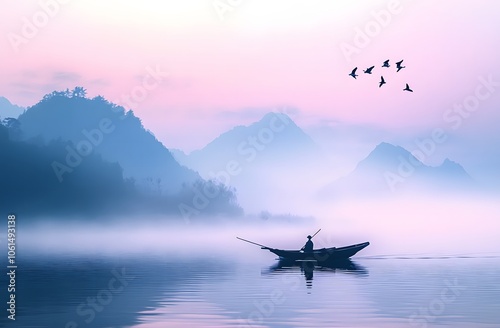 small boat floats on the calm lake, surrounded by misty mountains