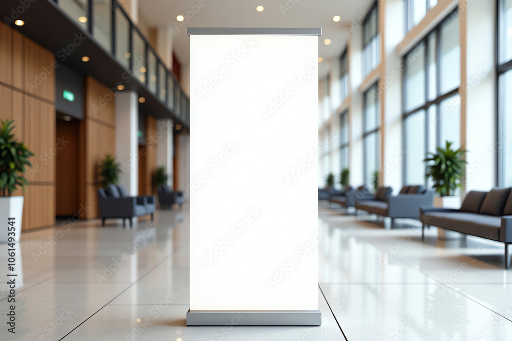Modern office lobby with blank roll-up banner mockup with copy space Modern office lobby with blank roll-up banner mockup with copy space