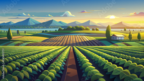 Wonderful landscape from a soy plantation, Aerial high view, early stage soy, higher field on background, spectacular clean blue sky above with sunrising. Generative