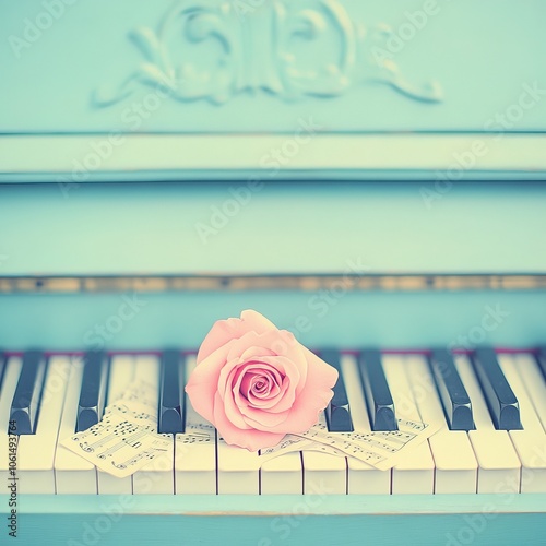 A single pink rose rests on the keys of a vintage blue piano with sheet music.