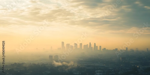 photo of air pollution over city skyline visible through the smog, clouds, white sky