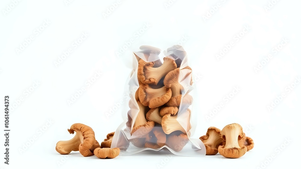 Fototapeta premium Dried Shiitake Mushrooms Pack on White Background