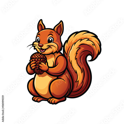 Draw a cheerful squirrel holding an acorn with a big smile and bright, mischievous eyes.