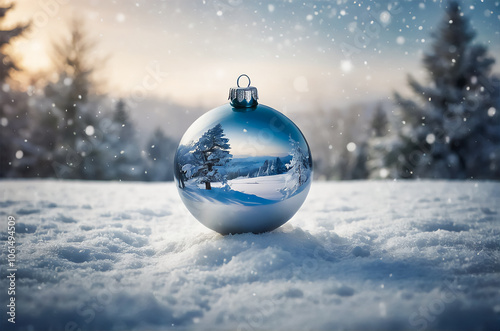 Empty Christmas bauble against a serene winter snowy background; gently falling snow and calm wintery landscape with ample copy space