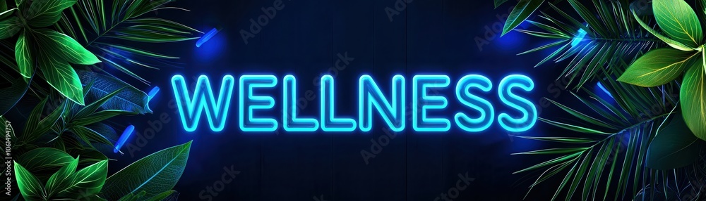 Vibrant neon sign of 'WELLNESS' surrounded by lush green leaves for a tranquil atmosphere. Vibrant neon sign of 'WELLNESS' surrounded by lush green leaves for a tranquil atmosphere.