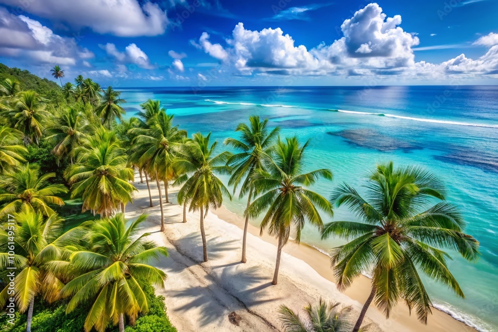 Stunning Drone Photography of a Tropical Beach Under Clear Blue Sky with Lush Palm Trees for Ultimate Summer Relaxation and Perfect Weather Stunning Drone Photography of a Tropical Beach Under Clear Blue Sky with Lush Palm Trees for Ultimate Summer Relaxation and Perfect Weather