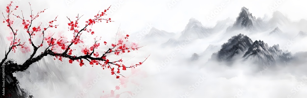 White background, white fog and mist, mountains in the distance, trees on top of the mountain, red plum blossoms blooming