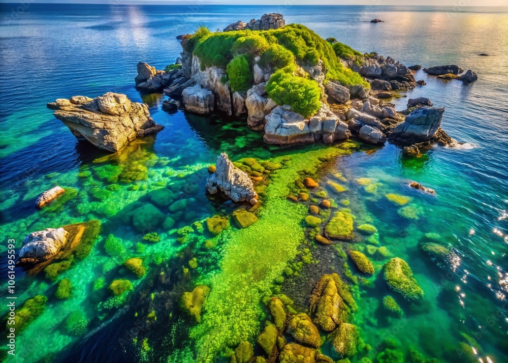 Stunning Drone Photography of Partially Submerged Algae and Seaweed Covered Rocky Outcropping in Serene Coastal Waters Stunning Drone Photography of Partially Submerged Algae and Seaweed Covered Rocky Outcropping in Serene Coastal Waters