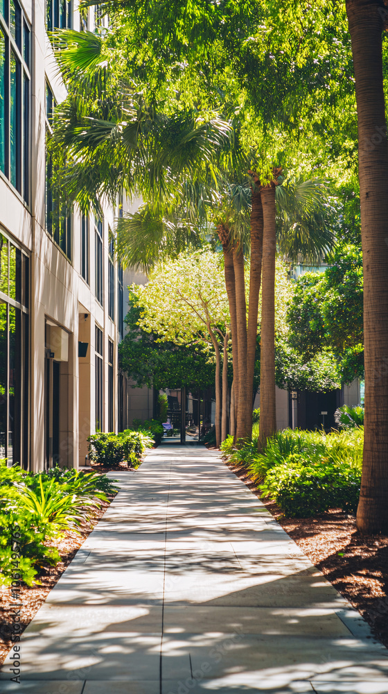 Obraz premium Sustainable green building. Eco-friendly building. Sustainable glass office building with tree for reducing carbon dioxide. Office with green environment. Corporate building reduce CO2. Safety glass. 