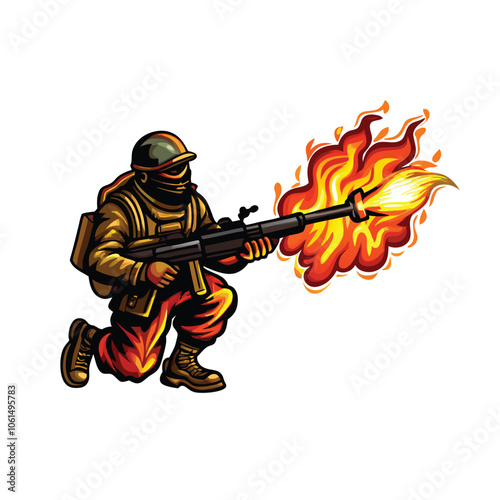 A soldier in full combat gear, wielding a flamethrower, amidst a fiery explosion. The soldier's face is obscured by the flames, showcasing the intensity of the action.