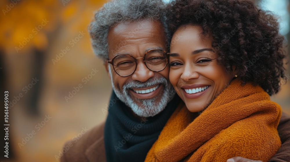 Joyful Autumn Portrait of a Loving Couple Smiling Together Joyful Autumn Portrait of a Loving Couple Smiling Together