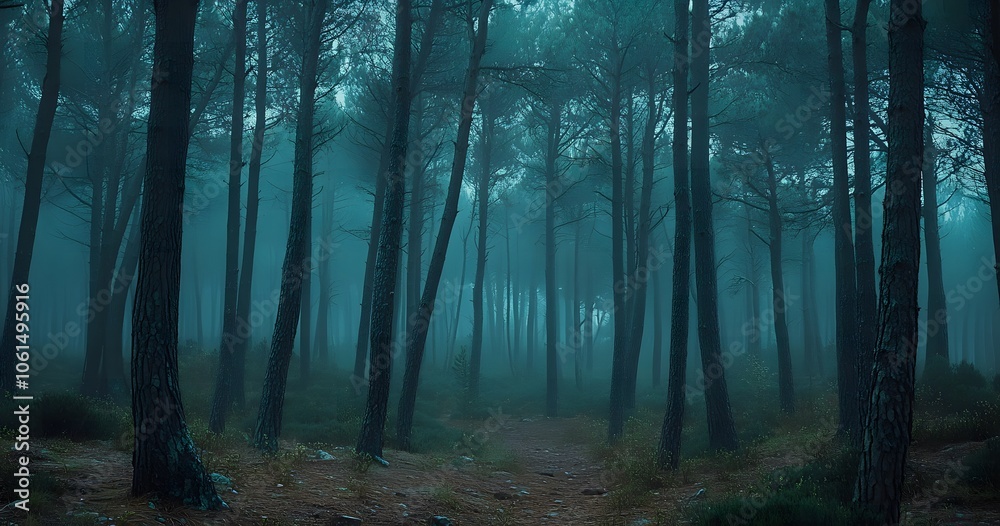 Obraz premium pine forest with tall trees, against the backdrop of a foggy, misty morning light