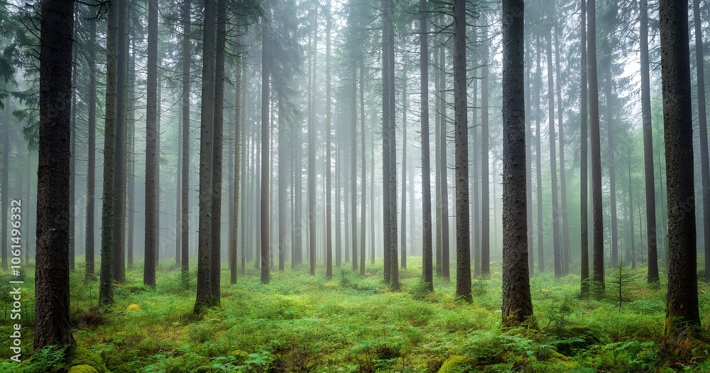 Fototapeta premium pine forest with tall trees, against the backdrop of a foggy, misty morning light