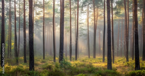 pine forest with tall trees, against the backdrop of a foggy, misty morning light