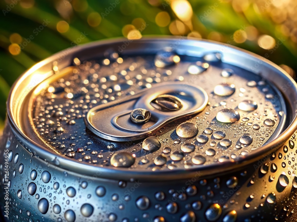Stunning High Depth of Field Image of Metal Can with Water Drops, Capturing Refreshing Beverage, Glistening Surface, and Vibrant Colors in a Natural Setting for Beverage Enthusiasts Stunning High Depth of Field Image of Metal Can with Water Drops, Capturing Refreshing Beverage, Glistening Surface, and Vibrant Colors in a Natural Setting for Beverage Enthusiasts