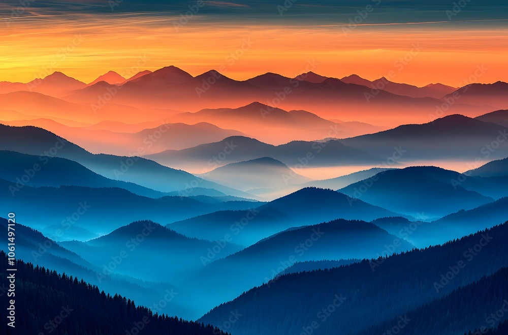 Obraz premium panoramic view of the majestic mountains under an orange and blue sky