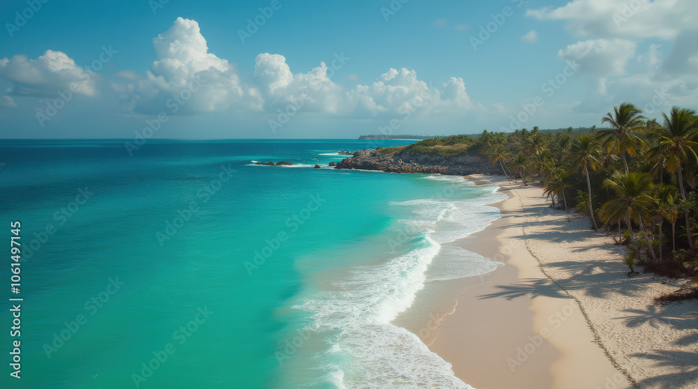 Fototapeta premium Stunning Aerial Tropical Beach Image: Crystal Blue Waters, Luxurious Resorts & Pristine Coastlines for Travel Inspiration
