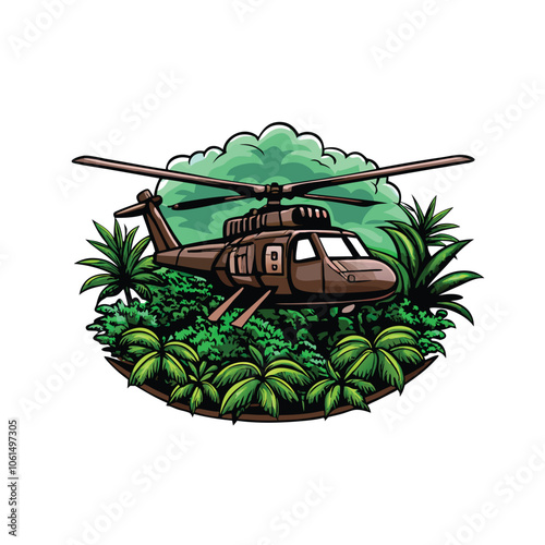 A heavily armed helicopter gunship hovers low over a dense, verdant jungle canopy, sunlight filtering through the leaves.