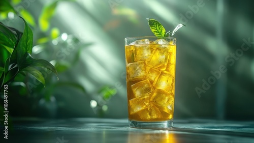 A refreshing glass of cold iced tea with ice cubes and a sprig of mint, set against a blurred green background that evokes a calm and soothing atmosphere. photo