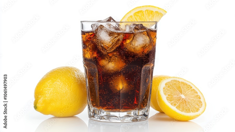 A refreshing glass of fizzy cola served with ice cubes and slices of lemon on a white isolated background.