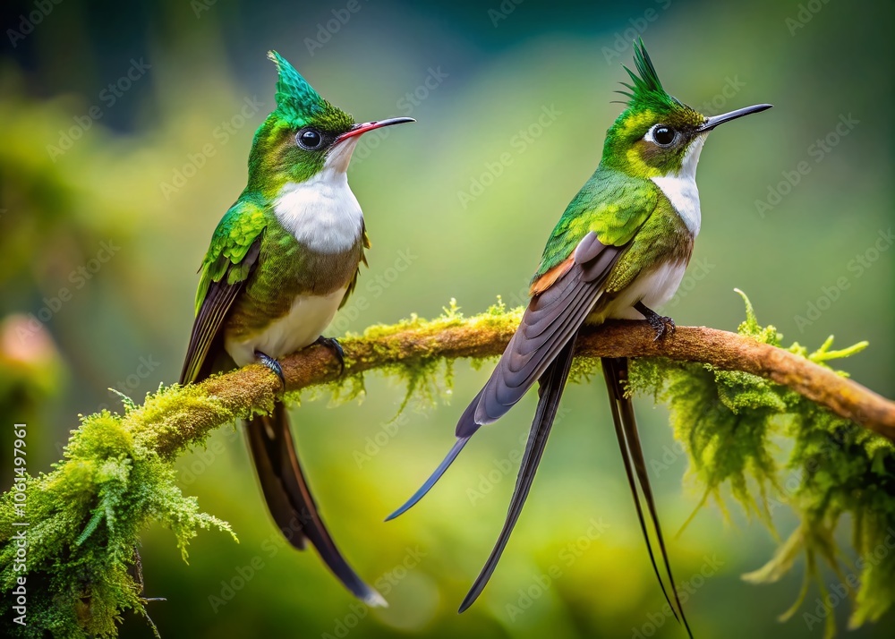 Fototapeta premium Stunning Low Light Capture of Whitebooted Rackettail Hummingbird Pair in Their Natural Habitat, Showcasing Vibrant Green Feathers and Long Tail Flags in the Heliantheini Tribe