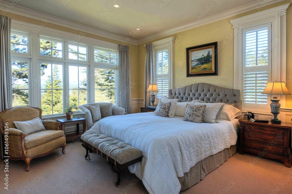 Fototapeta premium Cozy Bedroom with Soft Gray Bedding and Cream Walls