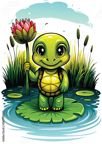 Illustrate a cute kappa holding a water lily in a serene pond, surrounded by lush greenery.