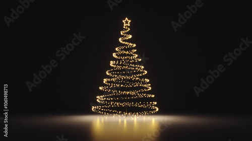 A minimal outline of a Christmas tree with subtle golden lights on black background. photo