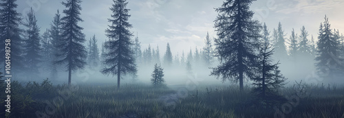 A moody with a low-hanging fog creeping between tall pine trees, creating a mysterious ambiance.