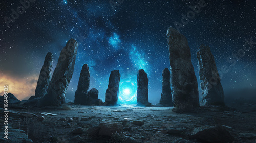 A circle of weathered stones under a starry night sky, with a glowing portal at the center. photo