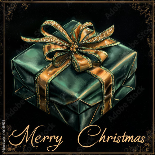 Rich green-and-gold gift box on a black satin background, Merry Christmas photo