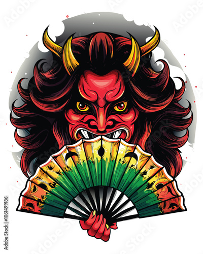 Illustrate a fierce oni demon holding a traditional Japanese katana, with horns, fangs, and a menacing expression.