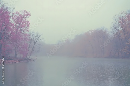 misty lake with trees in the background