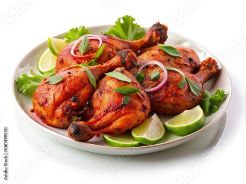 Delicious chicken tandoori served with fresh lime and herbs on a plate. Generative AI