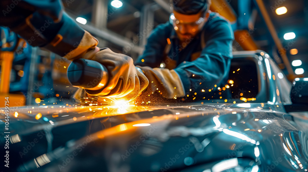 The mechanic employs a grinding tool for sanding car parts, painting the garage, and fixing damaged vehicles. The mechanic employs a grinding tool for sanding car parts, painting the garage, and fixing damaged vehicles.