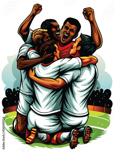 Illustrate a group of diverse soccer players celebrating a goal, showcasing their joy and camaraderie.